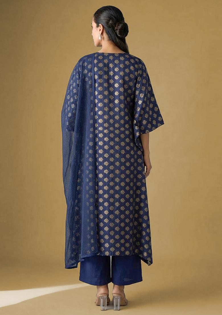 Navy Blue Brocade Kurta Set - Indya
