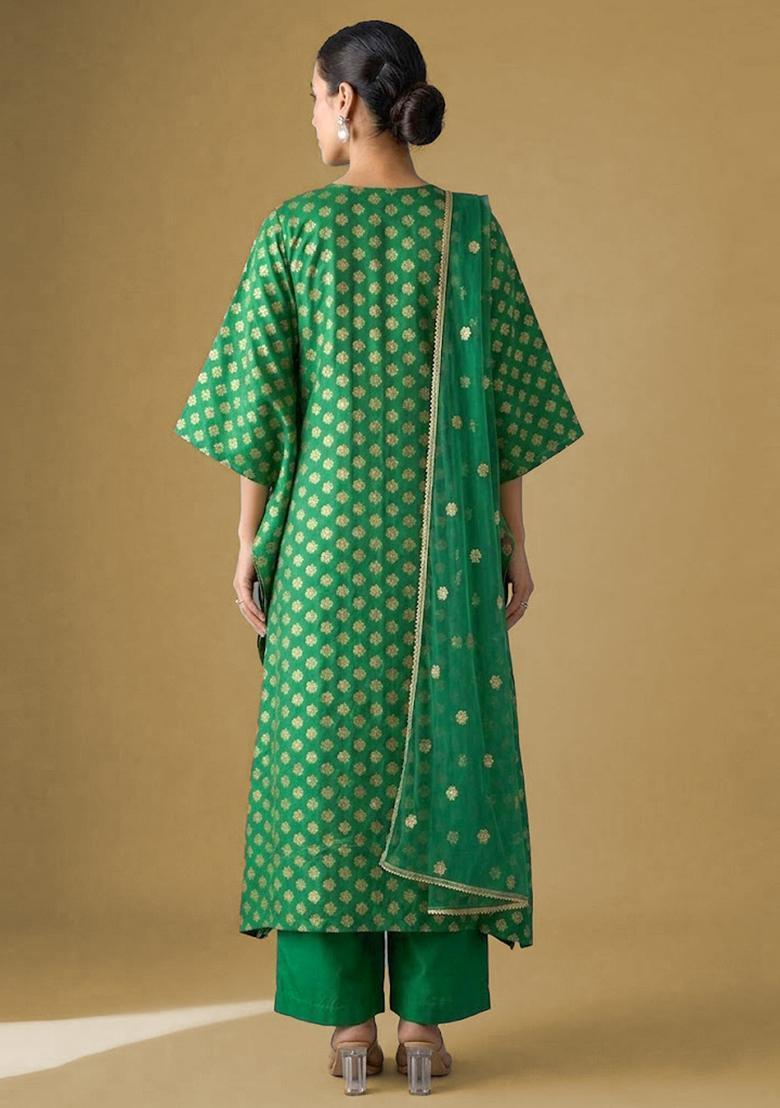 Green Brocade Kurta Set - Indya