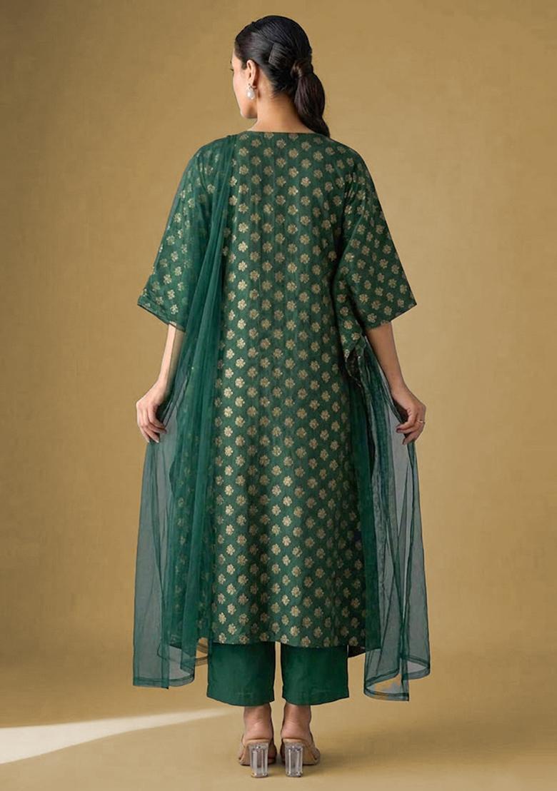 Bottle Green Brocade Kurta Set - Indya