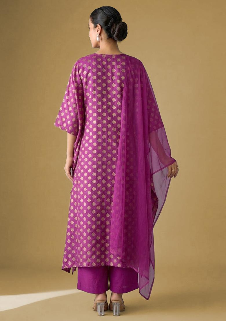 Magenta Purple Brocade Kurta Set - Indya
