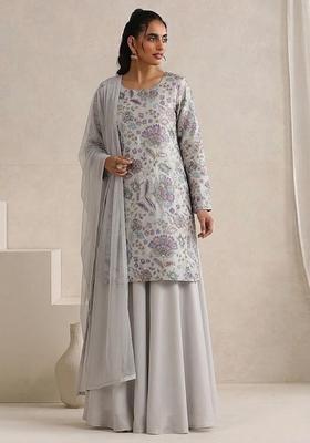 Light Grey Printed Crepe Sharara Set