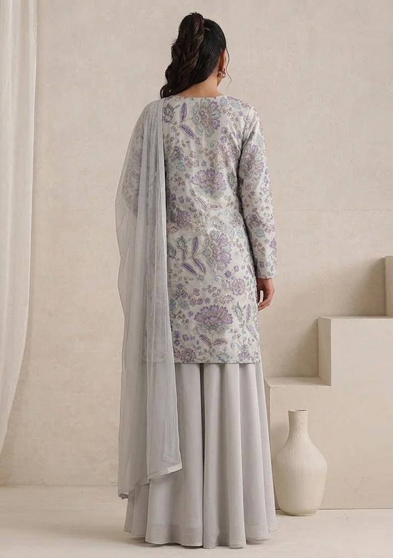 Light Grey Printed Crepe Sharara Set - Indya