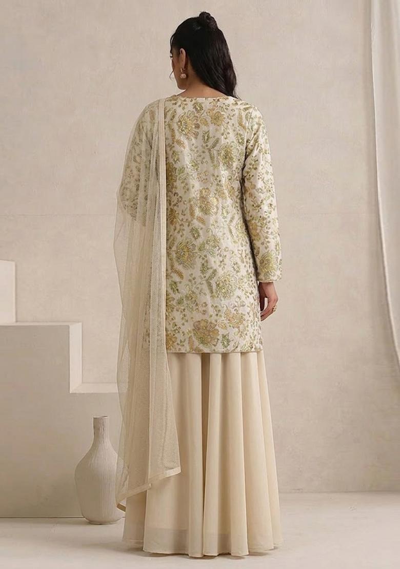 Beige Printed Crepe Sharara Set - Indya