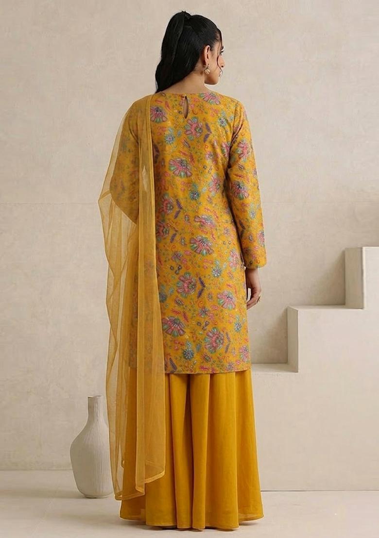 Mustard Printed Crepe Sharara Set - Indya