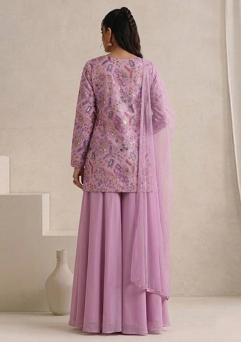Pink Printed Crepe Sharara Set - Indya
