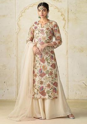 Beige Printed Crepe Kurta Set