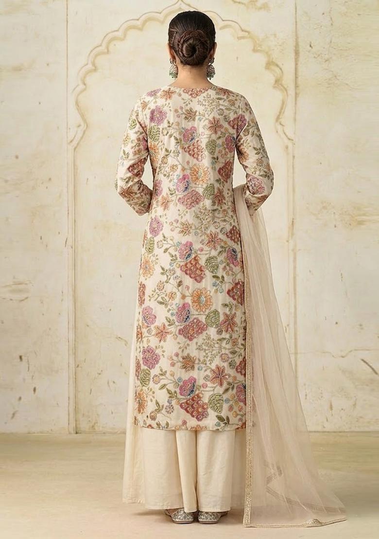 Beige Printed Crepe Kurta Set - Indya