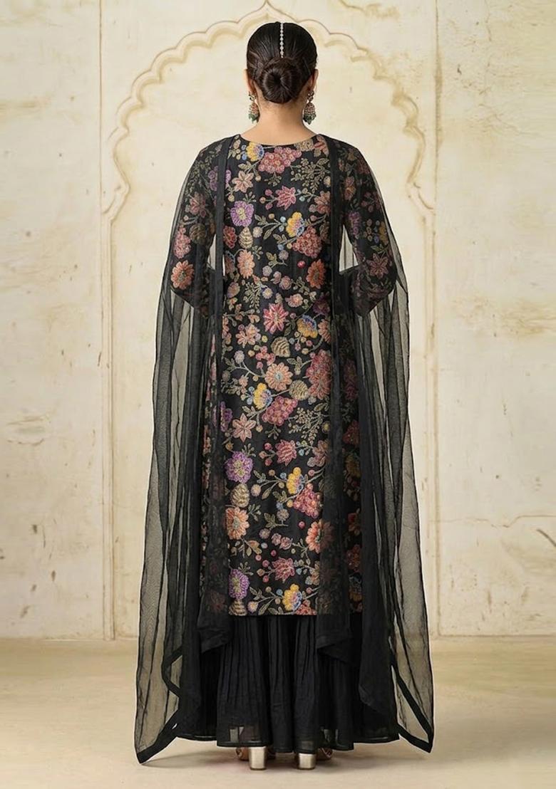 Jet Black Printed Crepe Kurta Set - Indya