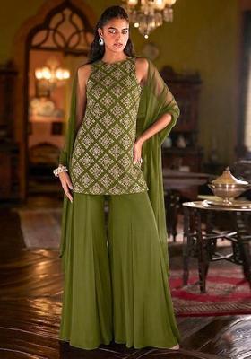 Mehendi Green Embroidered Crepe Sharara Set