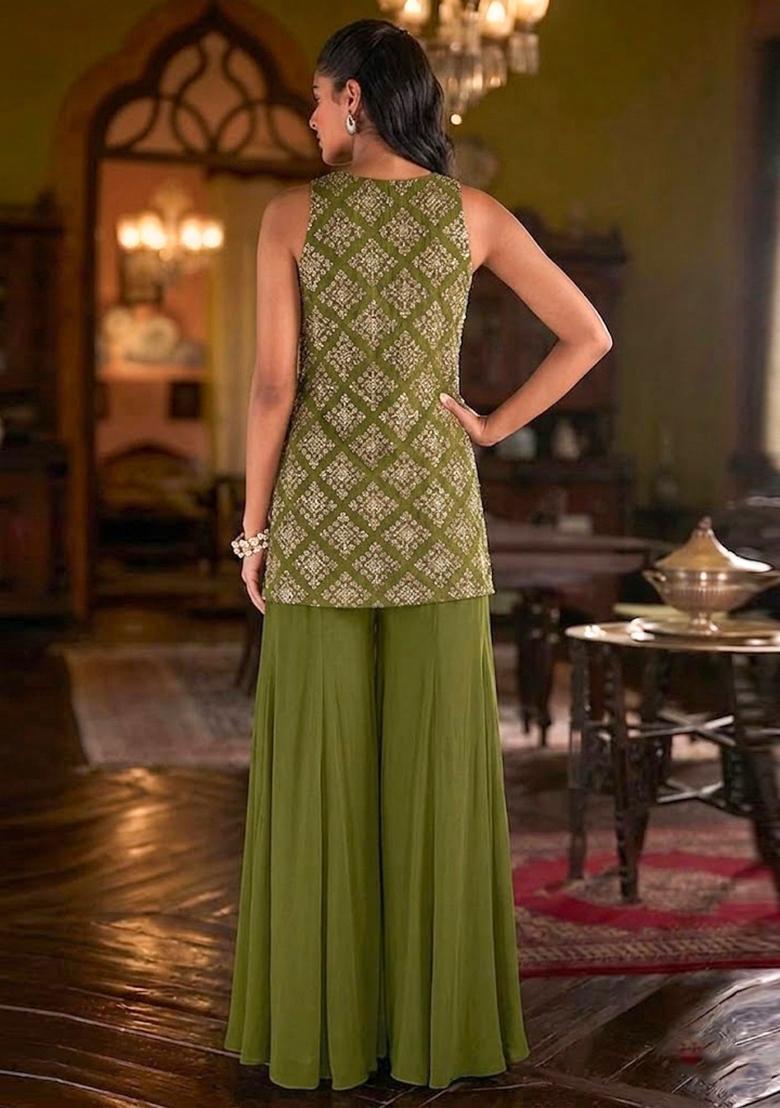 Mehendi Green Embroidered Crepe Sharara Set - Indya