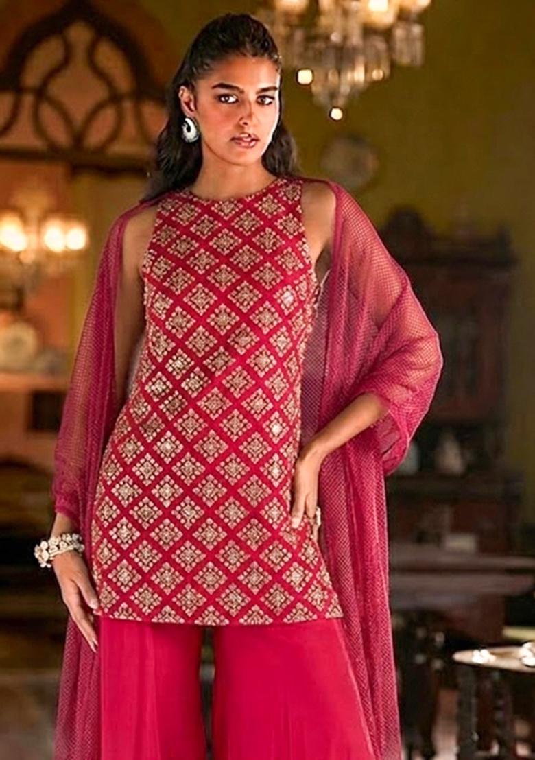 Hot Pink Embroidered Crepe Sharara Set - Indya