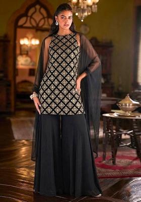 Jet Black Embroidered Crepe Sharara Set