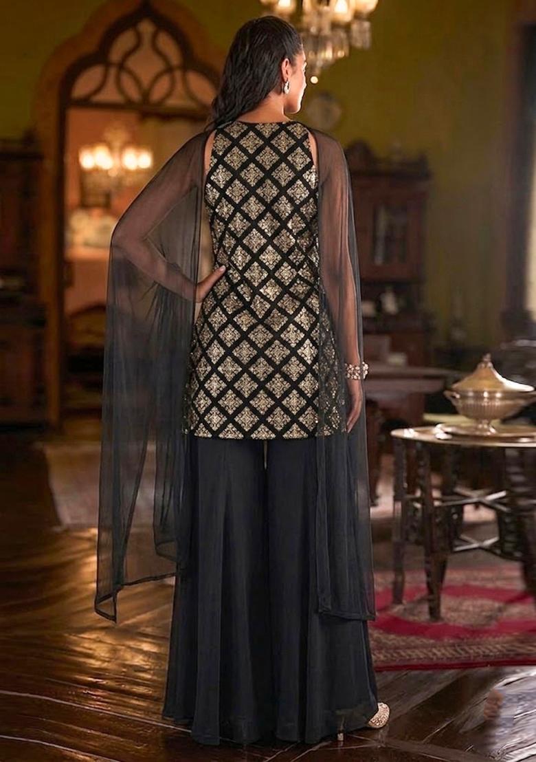 Jet Black Embroidered Crepe Sharara Set - Indya