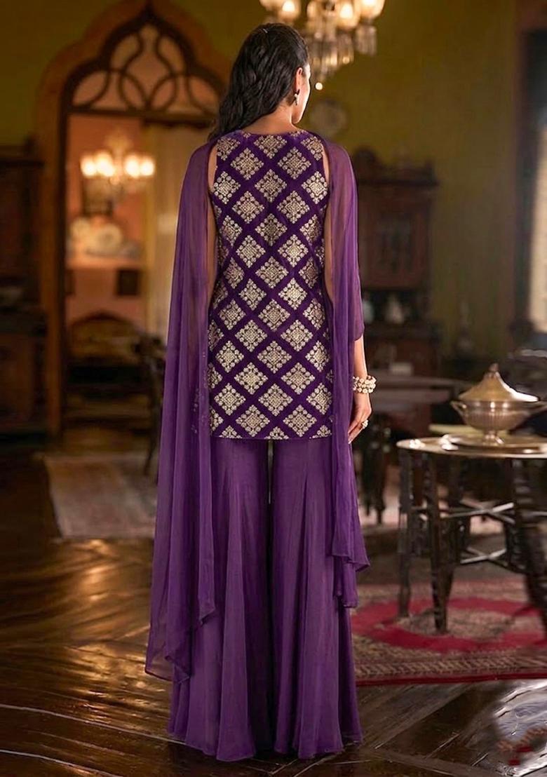 Royal Purple Embroidered Crepe Sharara Set - Indya