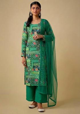 Bottle Green Printed Crepe Kurta Set