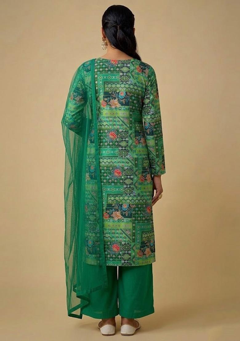 Bottle Green Printed Crepe Kurta Set - Indya