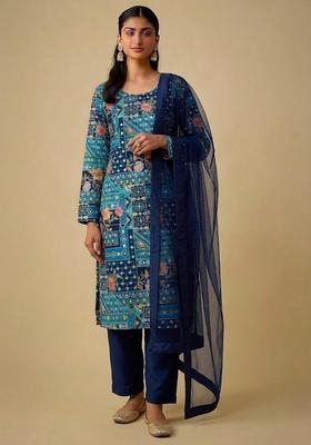 Navy Blue Printed Crepe Kurta Set
