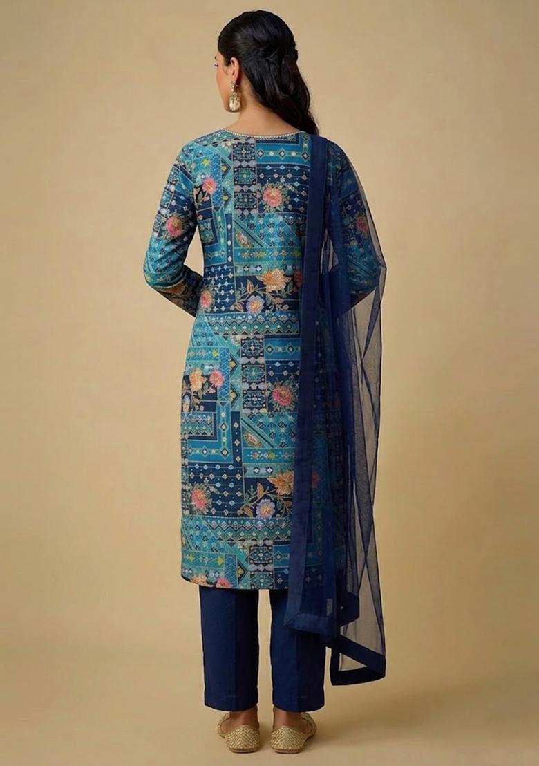 Navy Blue Printed Crepe Kurta Set - Indya