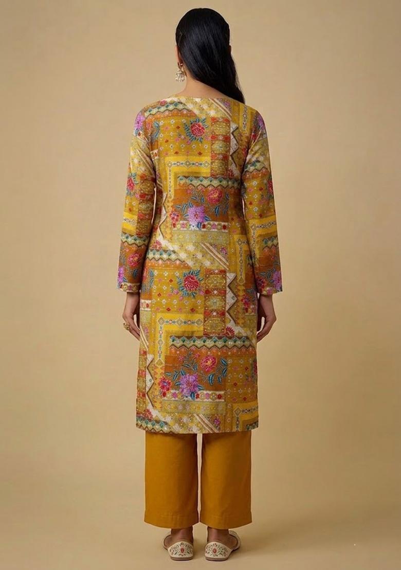 Mustard Printed Crepe Kurta Set - Indya