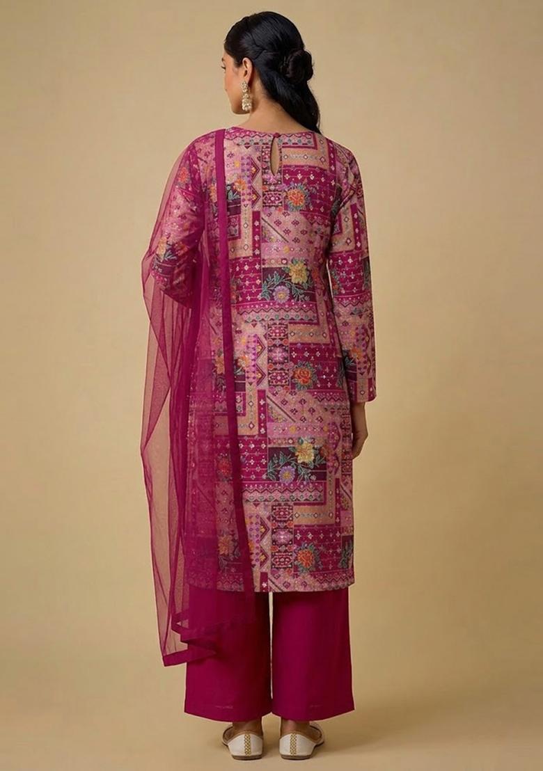 Magenta Pink Printed Crepe Kurta Set - Indya