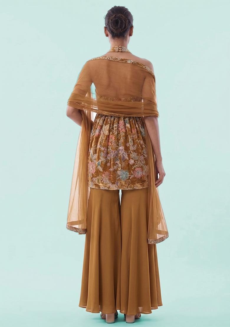 Coffee Brown Printed Crepe Sharara Set - Indya