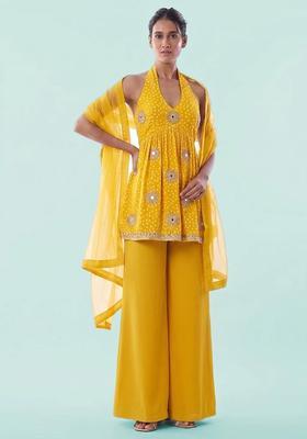 Bright Yellow Printed Crepe Sharara Set