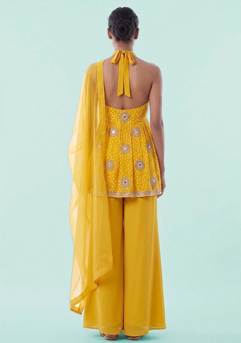Bright Yellow Printed Crepe Sharara Set - Indya