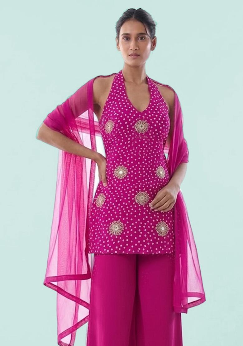 Hot Pink Printed Crepe Sharara Set - Indya