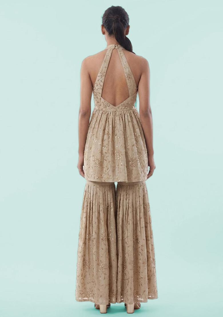 Golden Beige Embroidered Net Sharara Set - Indya