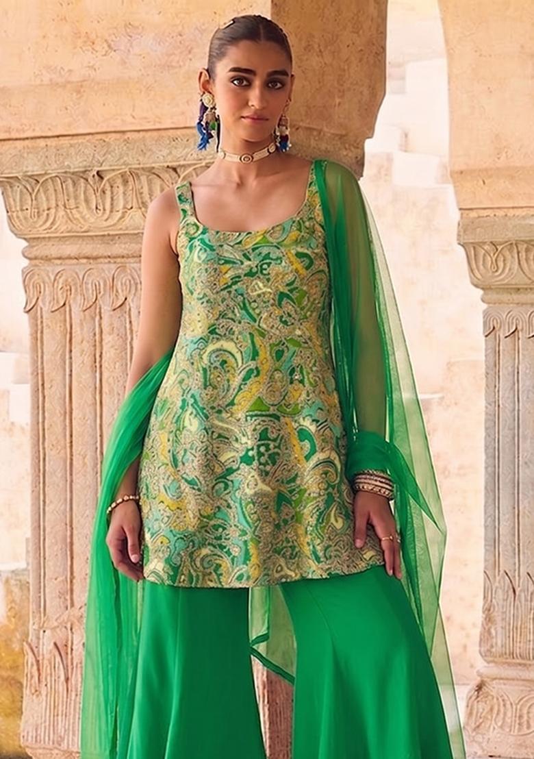 Green Printed Chanderi Sharara Set - Indya