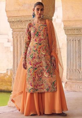 Peach Orange Printed Chanderi Sharara Set
