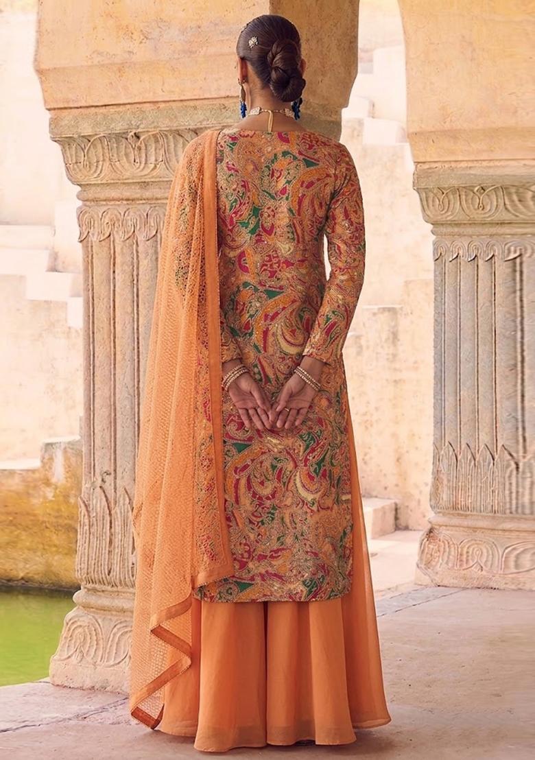 Peach Orange Printed Chanderi Sharara Set - Indya
