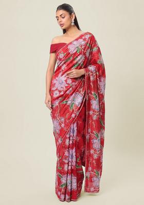 Crimson Red Printed Tissue Pre Draped Saree Set