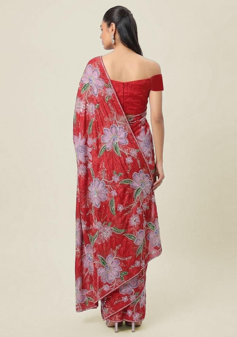 Crimson Red Printed Tissue Pre Draped Saree Set - Indya