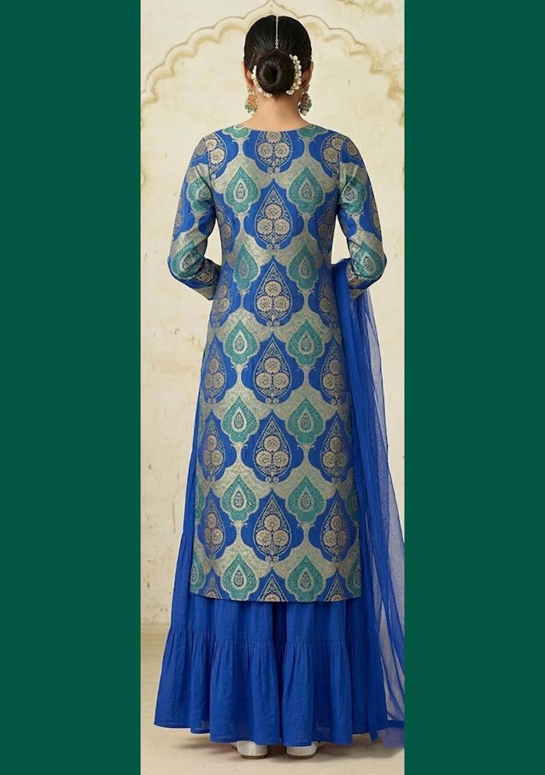 Royal Blue Brocade Sharara Set - Indya