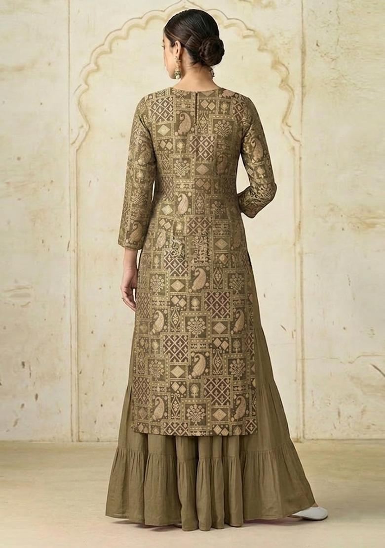 Olive Green Brocade Sharara Set - Indya