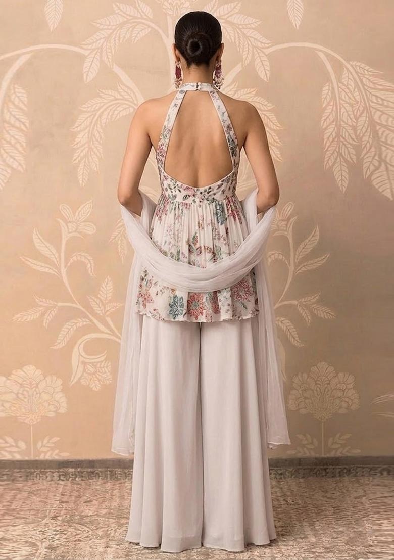 Off-White Printed Crepe Sharara Set - Indya