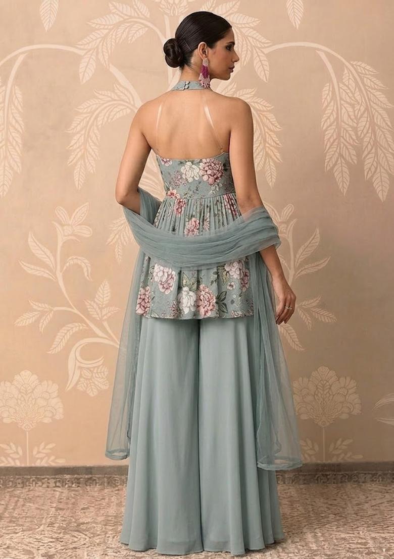Sage Green Printed Crepe Sharara Set - Indya