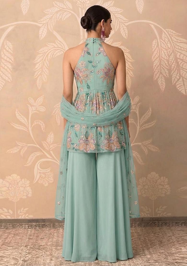 Mint Green Printed Organza Sharara Set - Indya