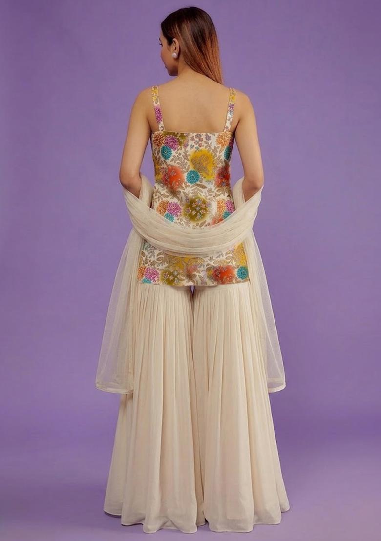 Ivory Printed Crepe Sharara Set - Indya