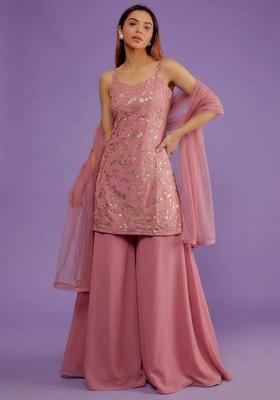 Rose Pink Embroidered Crepe Sharara Set