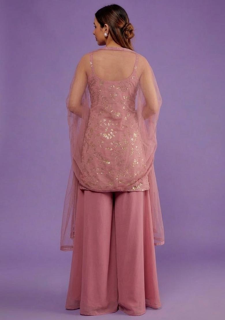 Rose Pink Embroidered Crepe Sharara Set - Indya