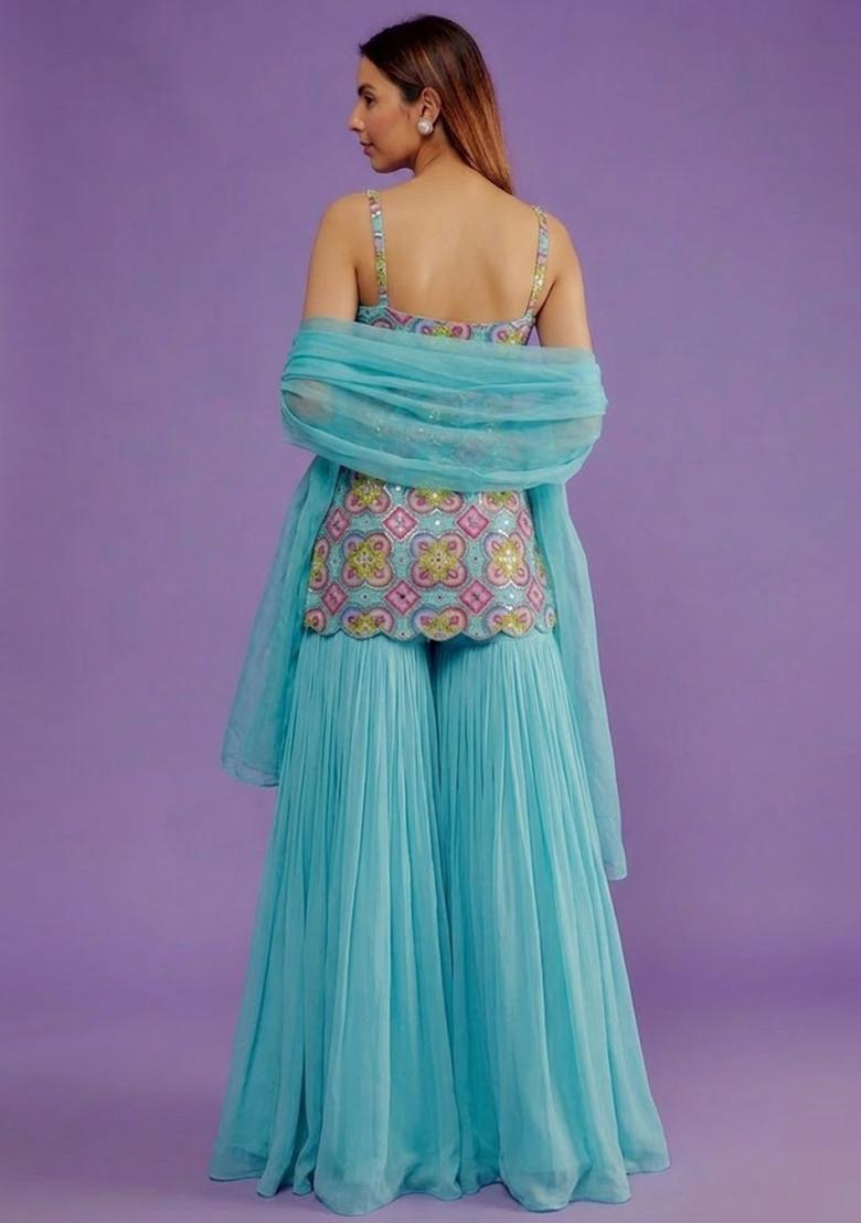 Sky Blue Printed Crepe Sharara Set - Indya