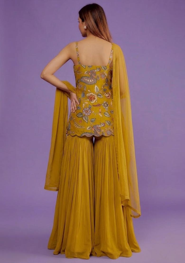 Mustard Yellow Printed Silk Blend Sharara Set - Indya