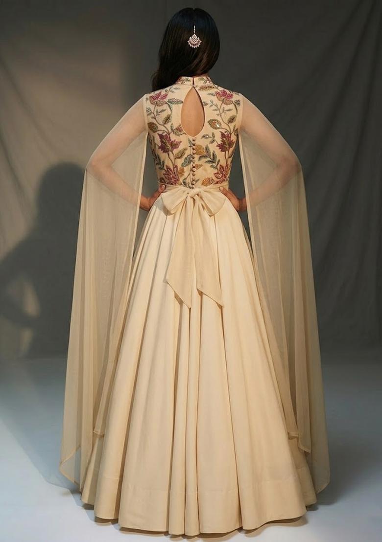 Cream Embroidered Organza Anarkali with Dupatta - Indya