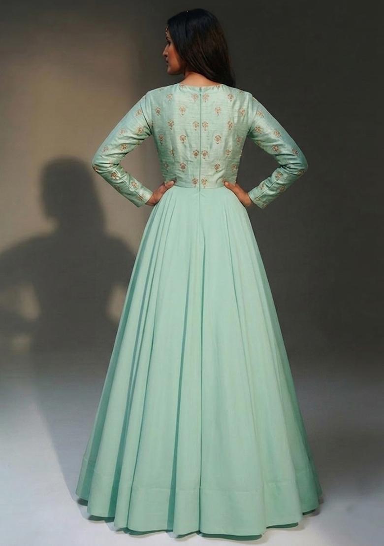 Mint Green Embroidered Silk Blend Anarkali with Dupatta - Indya