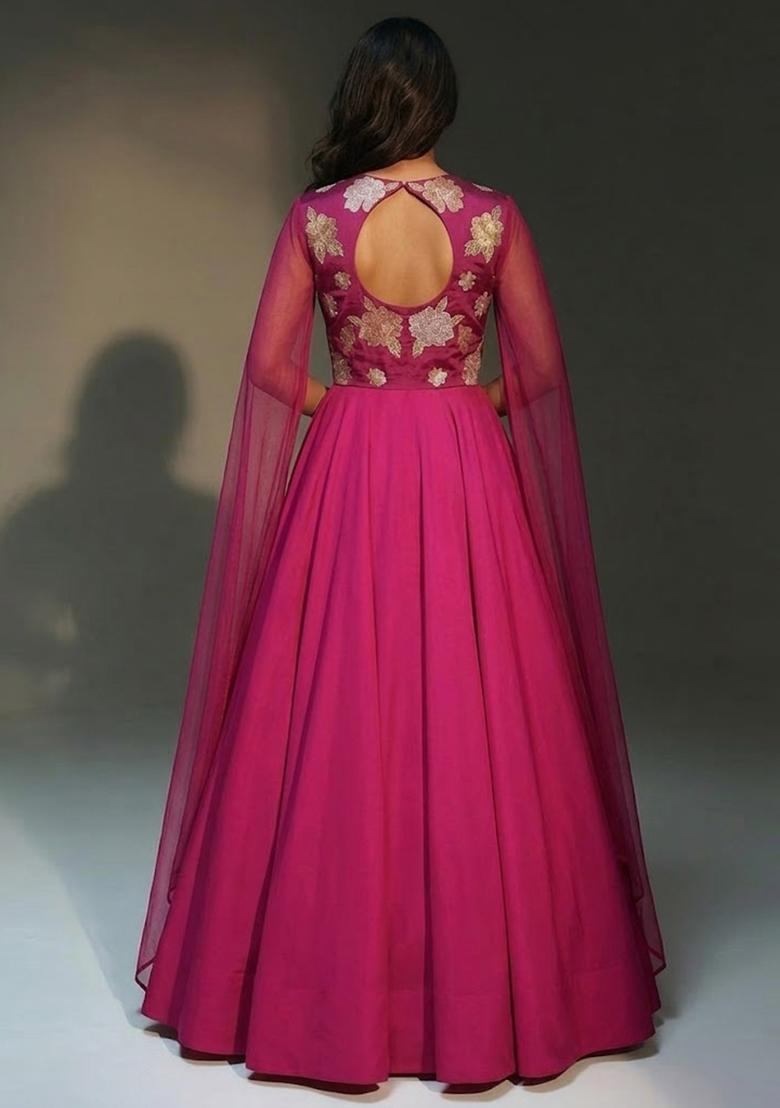 Magenta Pink Embroidered Chanderi Anarkali with Dupatta - Indya
