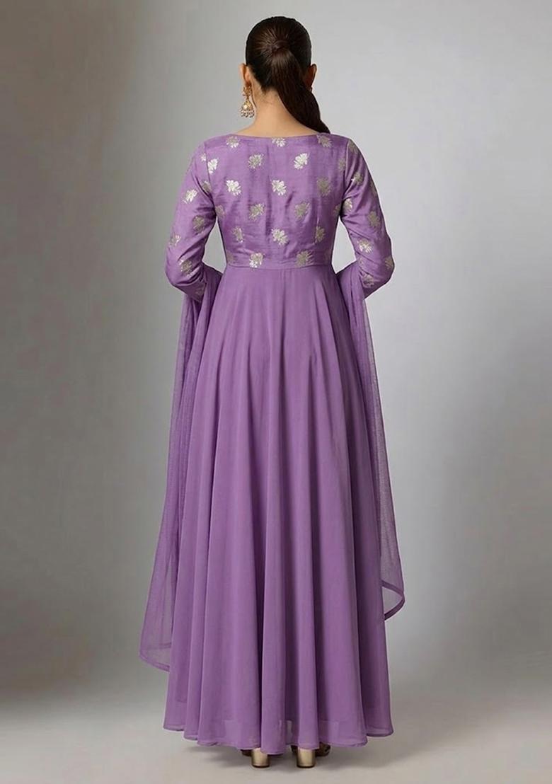 Lavender Purple Embroidered Silk Blend Anarkali with Dupatta - Indya