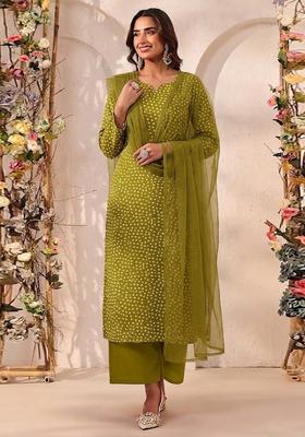 Olive Green Printed Crepe Kurta Set