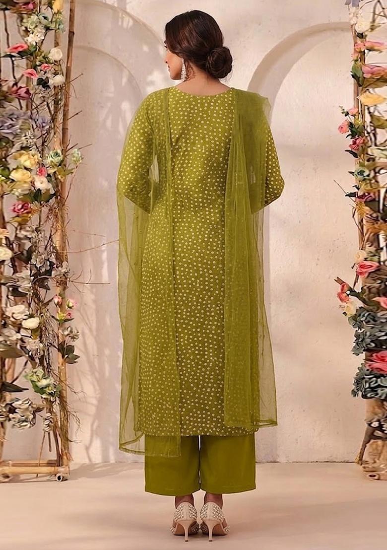 Olive Green Printed Crepe Kurta Set - Indya